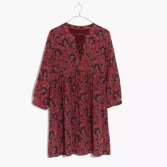 Madewell 100% Silk Lace-Up Dress in Assam Floral Babydoll Dress Fall Print Rust - Picture 3 of 11